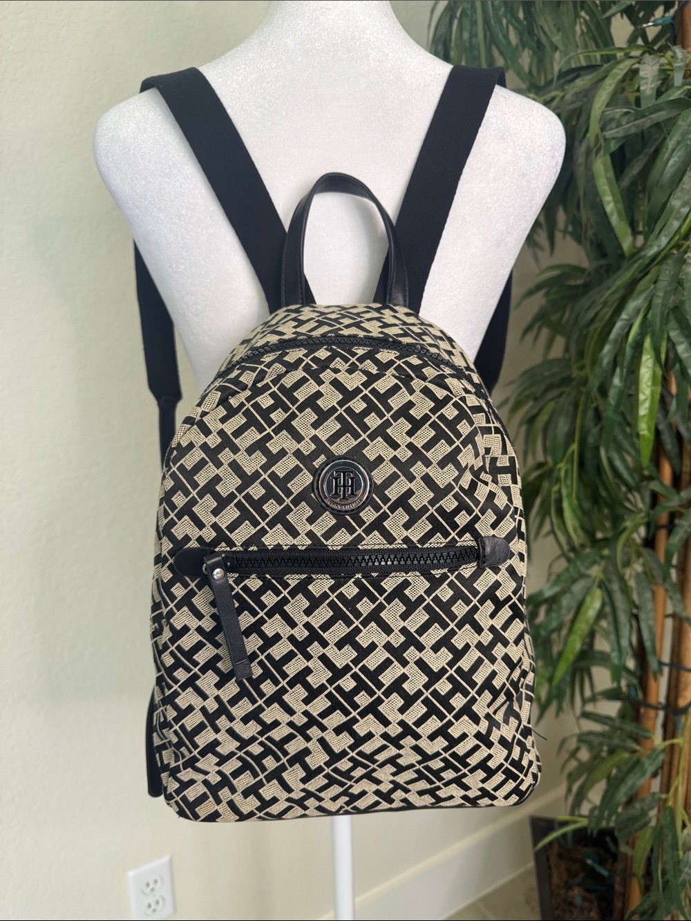 Tommy Hilfiger Black and Beige Logo-Pattern Adjustable Mini Backpack